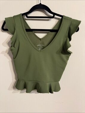 Sincerely Jules Olive Green Ribbed V-Neck Peplum Crop Top
